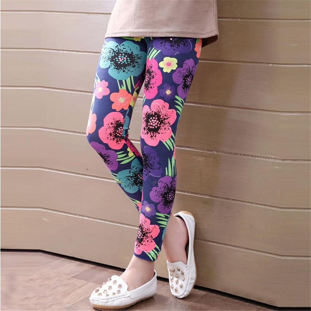 Girls Grey Floral Leggings Stretch Pants Youth Teen Large 14/16