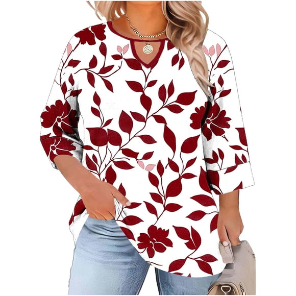 Tops de tamaño más de las mujeres con cuello tripulado y corte frontal, capa base impresa de tres cuartos de manga para el uso casual de verano