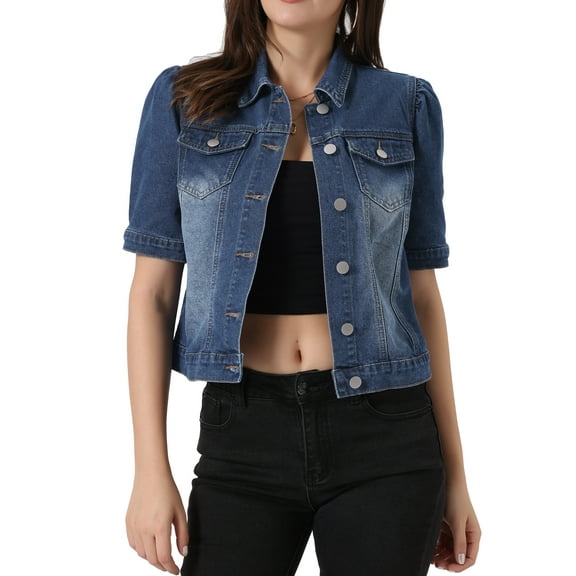 DARING DIVA Women's Short Puff Sleeves Button-Down Denim Jacket XS Blue