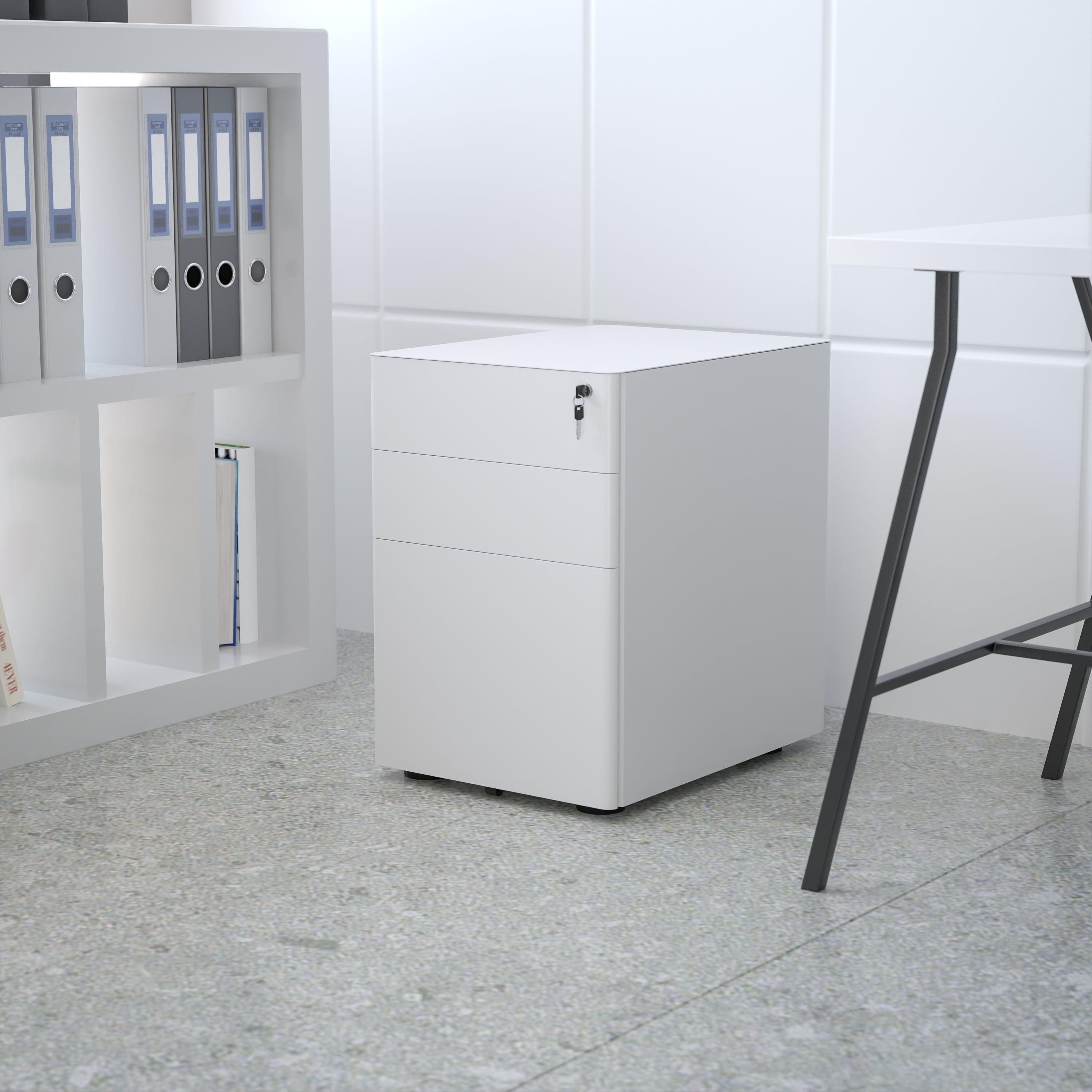Flash Furniture Warner Modern 3-Drawer Mobile Locking Filing Cabinet with Anti-Tilt Mechanism and Hanging Drawer for Legal & Letter Files, White