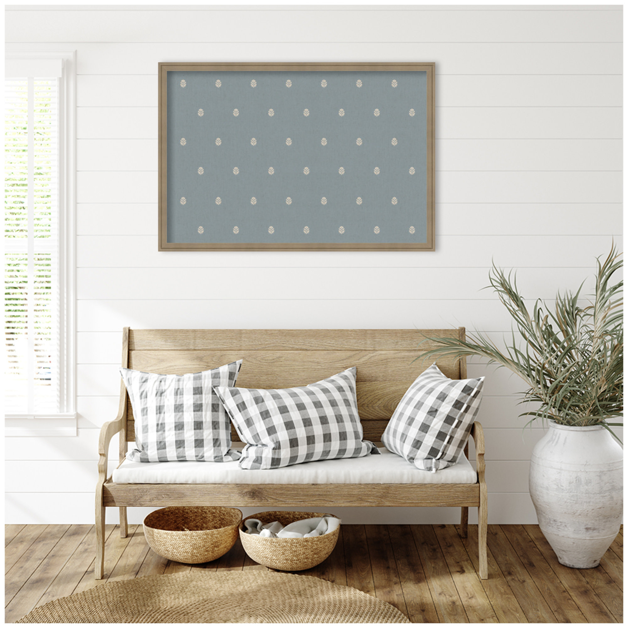 Kate and Laurel Framed Fabric Pinboard 38 x 26, Blue Botanical Block Print Printed Linen Classic Bulletin Board for Use as a Vision Board or Wall Organization, Florence Light Brown Frame