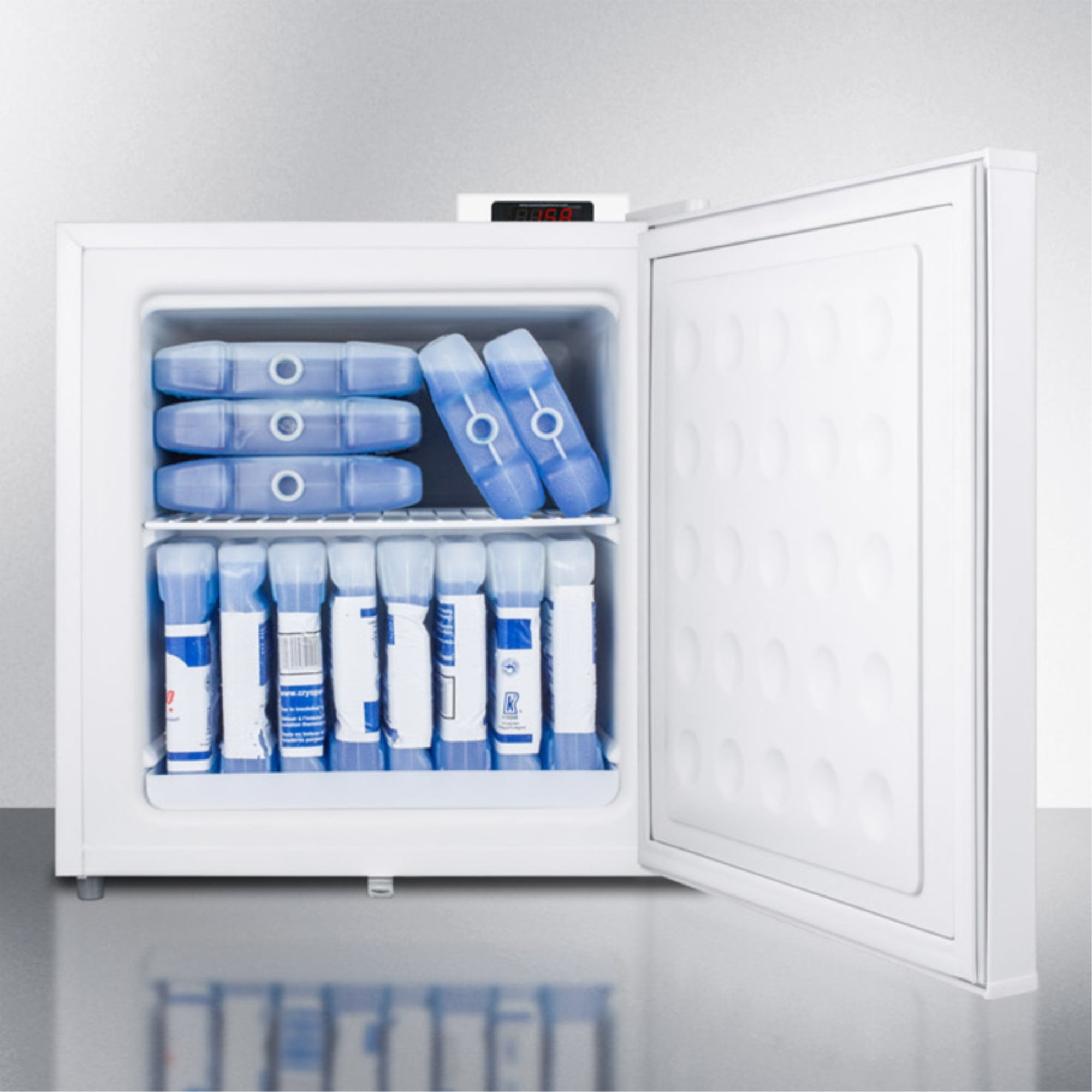 Compact -20 C vaccine storage all-freezer with digital thermostat, temperature alarm, hospital grade cord, self-closing door, and front lock
