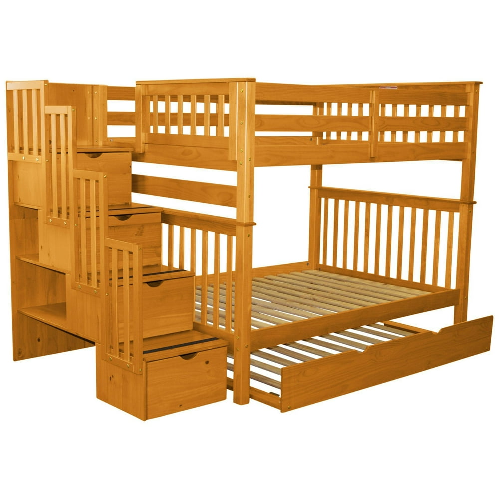 Bedz King Stairway Bunk Beds Full over Full with 4 Drawers in the Steps and a Twin Trundle