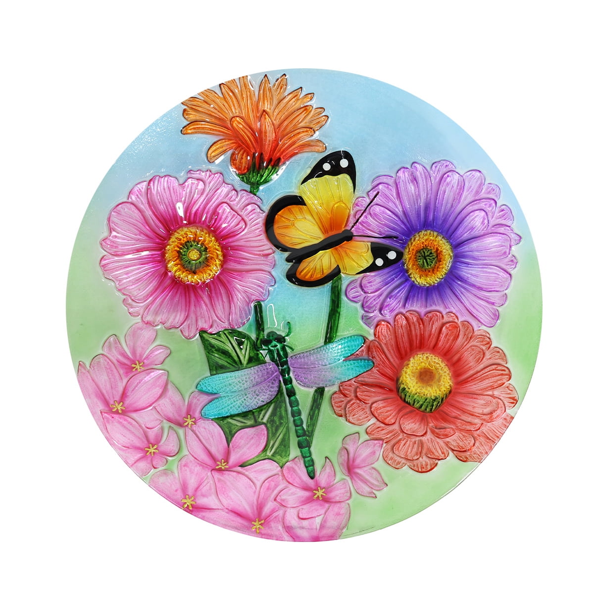 Briarwood Lane Spring Glass Birdbath Including Metal Stand Zinnias in Bloom For Spring Birdbath