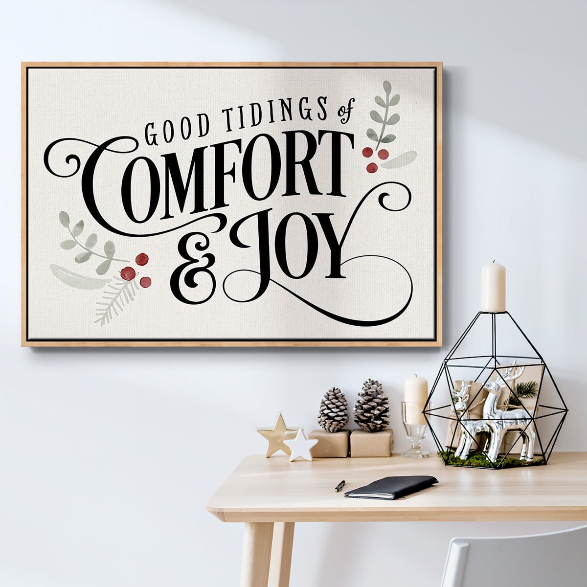 Merry Sentiment I - Framed Gallery Wrapped Holiday Canvas - 17 x 25 - Natural Wood Frame
