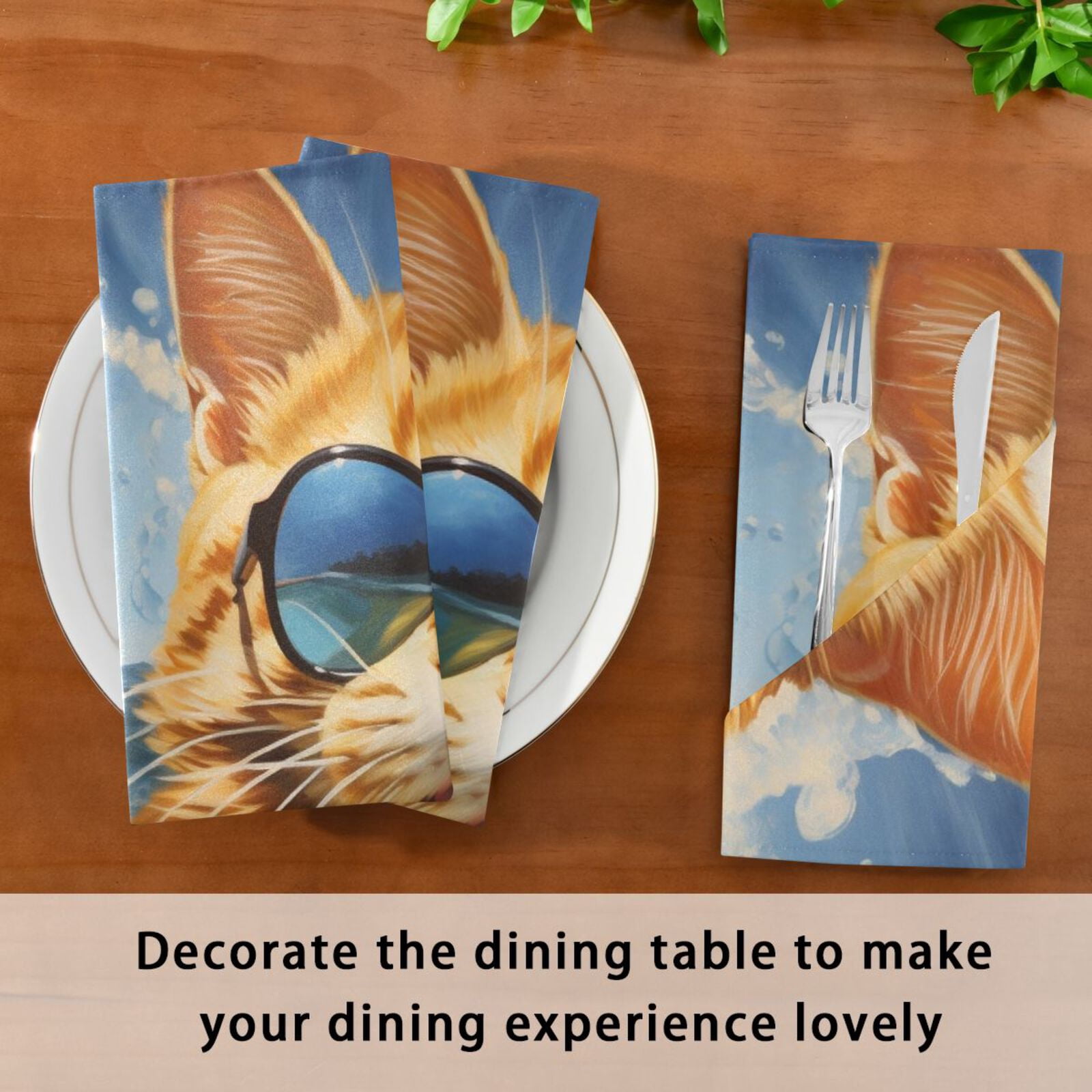 JSTEL Cat Surfing Funny Kitten Cloth Napkins Set of 6, 20x20 Inch Washable and Reusable Napkin for Decoupage Dinner Party Everyday Use