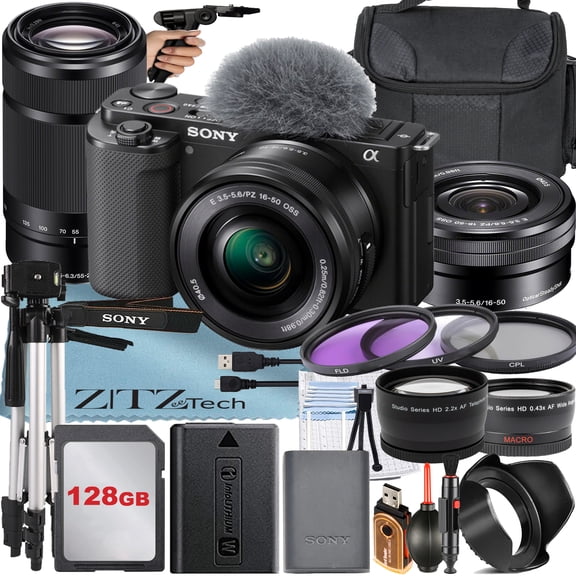 Sony Alpha ZV-E10 Mirrorless Vlog Camera with 16-50mm Lens   55-210mm Lens   128GB Memory Card   Filter Kit   Tripod   Case   ZeeTech Accessory Bundle (Black) International Version