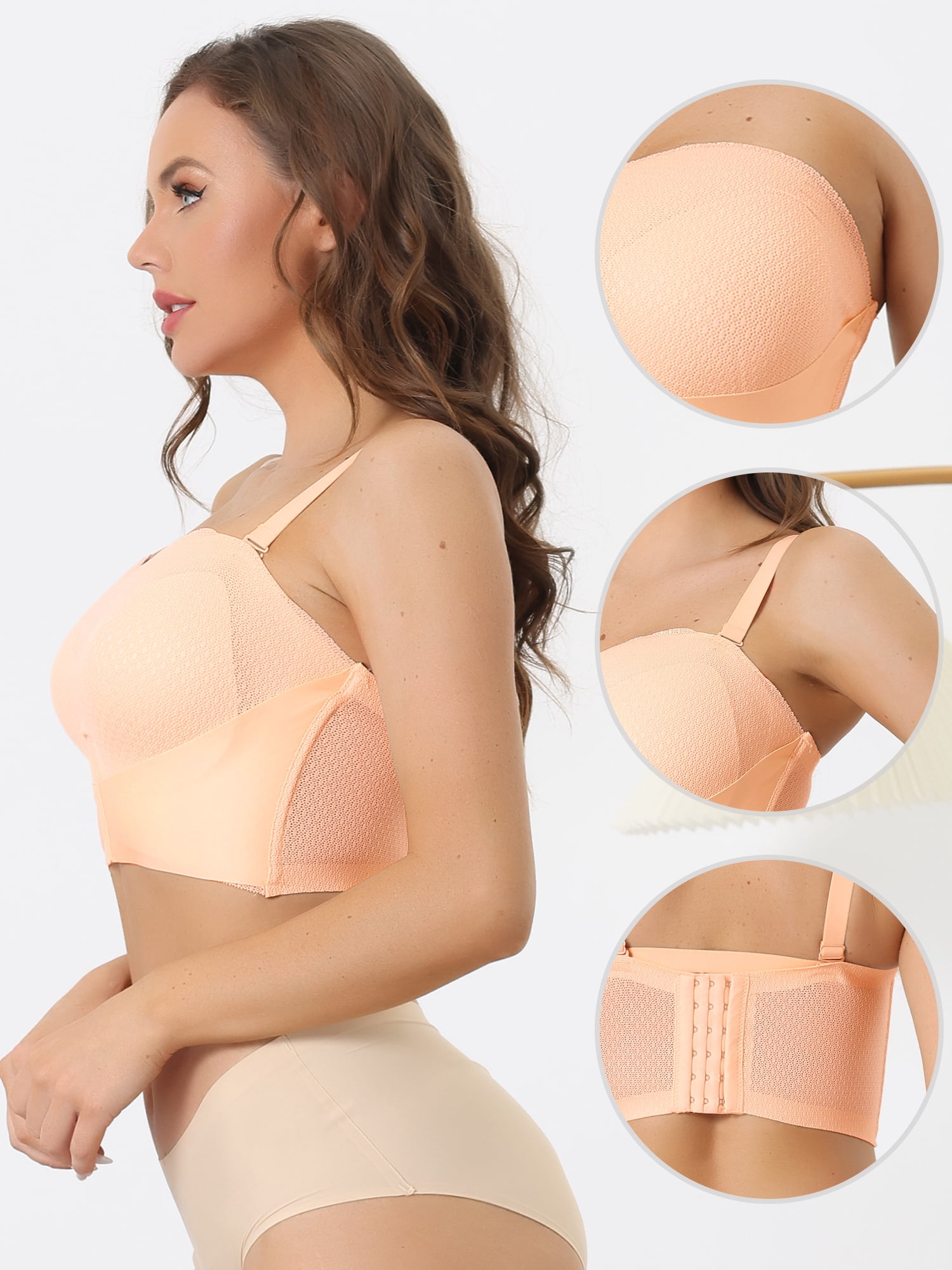 Unique Bargains Women's Wirefree Bras Strapless Breathable Push-up Bralette XL Beige