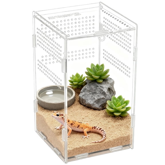 Acrylic Reptile Enclosure, 4.7x4.7x7.9 Inch Vivarium Terrarium for Spiders, Frogs, Praying Mantis, Fully Transparent Habitat with Optimal Ventilation, Front Opening Door for Easy Access