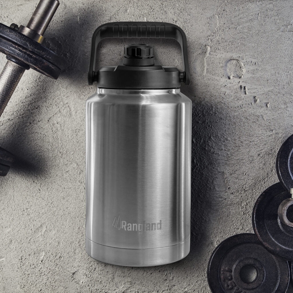 Rangland 1 Gallon Water Bottle with Insulated Storage Sleeve, 128 oz Stainless Steel Growler for Hot/Cold Drinks for Sports and Outdoors
