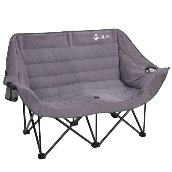 VILLEY Oversized Double Camping Chair, 800lbs Portable Folding Loveseat for Adults, Heavy Duty Suede Fabric, XL 2 Person Padded Chair with Cup Holders for Outdoor Camping, Lawn, Backyard