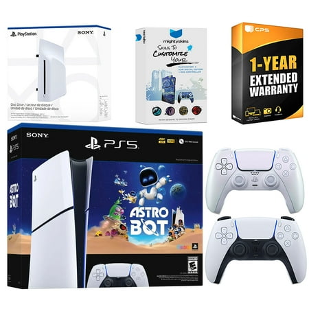 Sony PlayStation 5 Astro Bot Slim Digital Bundle with Disc Drive, Extra Controller, MightySkins Voucher and 1 Year Extended Warranty - Chroma Pearl