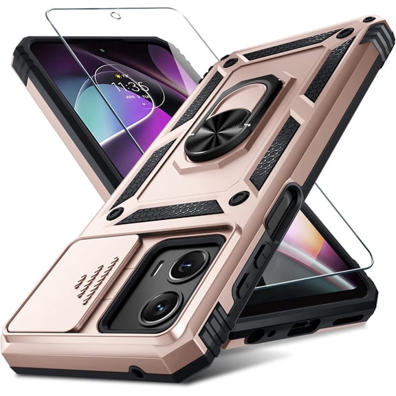 Compatible with Moto G Power 5G/Moto G 5G 2023 Case Built in Slide Camera Lens Cover Screen Protector Finger Ring Holder Kickstand,Heavy Duty Shockproof Full Body Phone Cover,Rose Gold