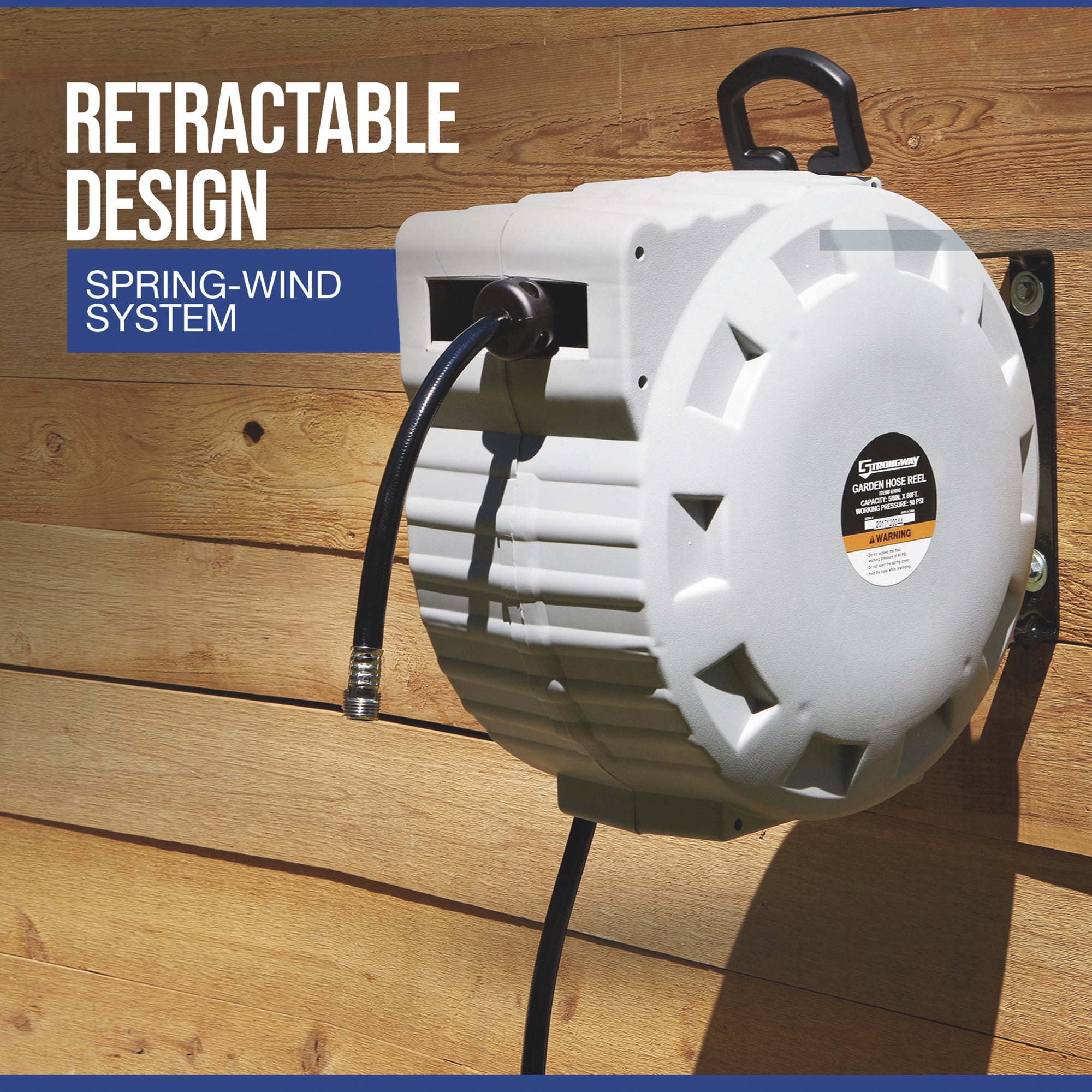 Strongway Retractable Garden Hose Reel with 5/8in. Dia. x 80ft.L Hose, Wall Mount