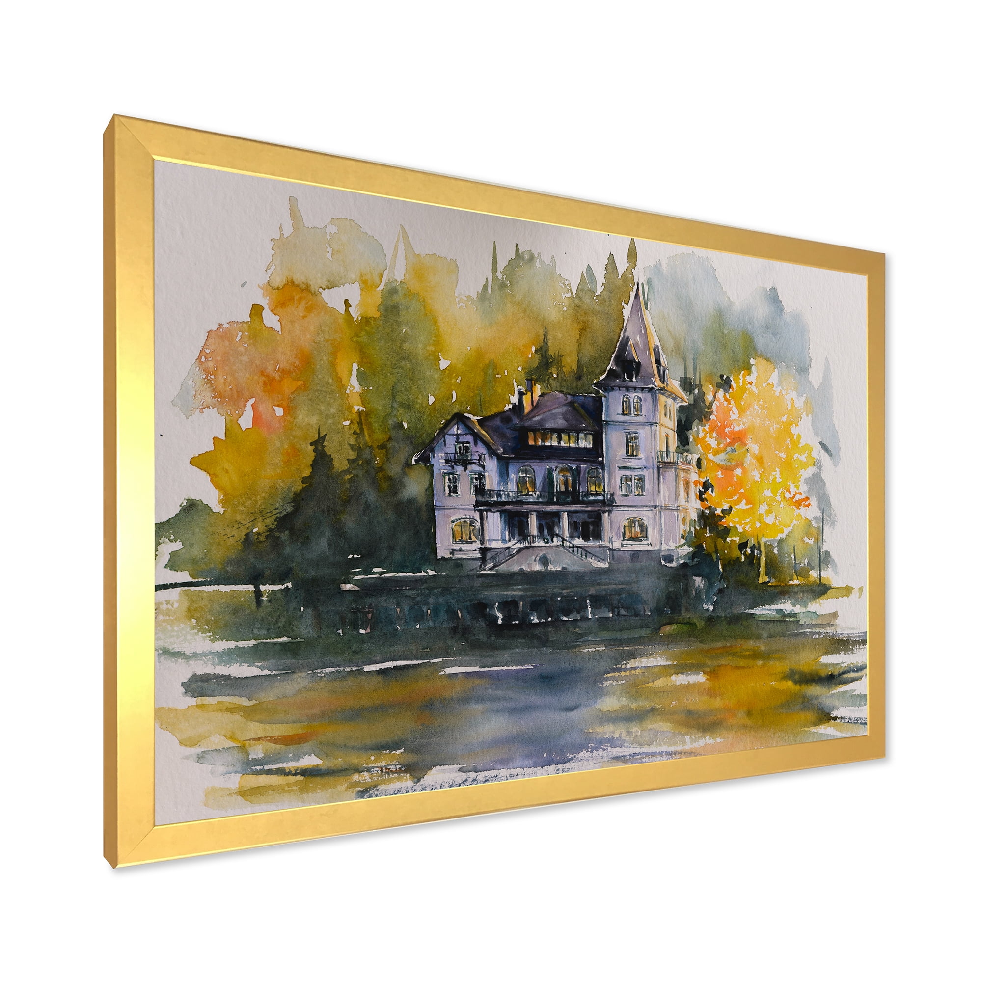 Designart 'Castle With Autumn Trees By The Lake' Lake House Framed Art Print