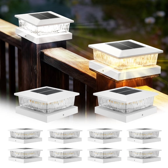 8PK 4”x4“ Solar Post Cap Lights, Fits 4 x 4 Wooden/Vinyl Posts, 32 LED Dual Color Cool White & Warm White, Solar Fence Post Lights 800mAh Outdoor Solar Lights