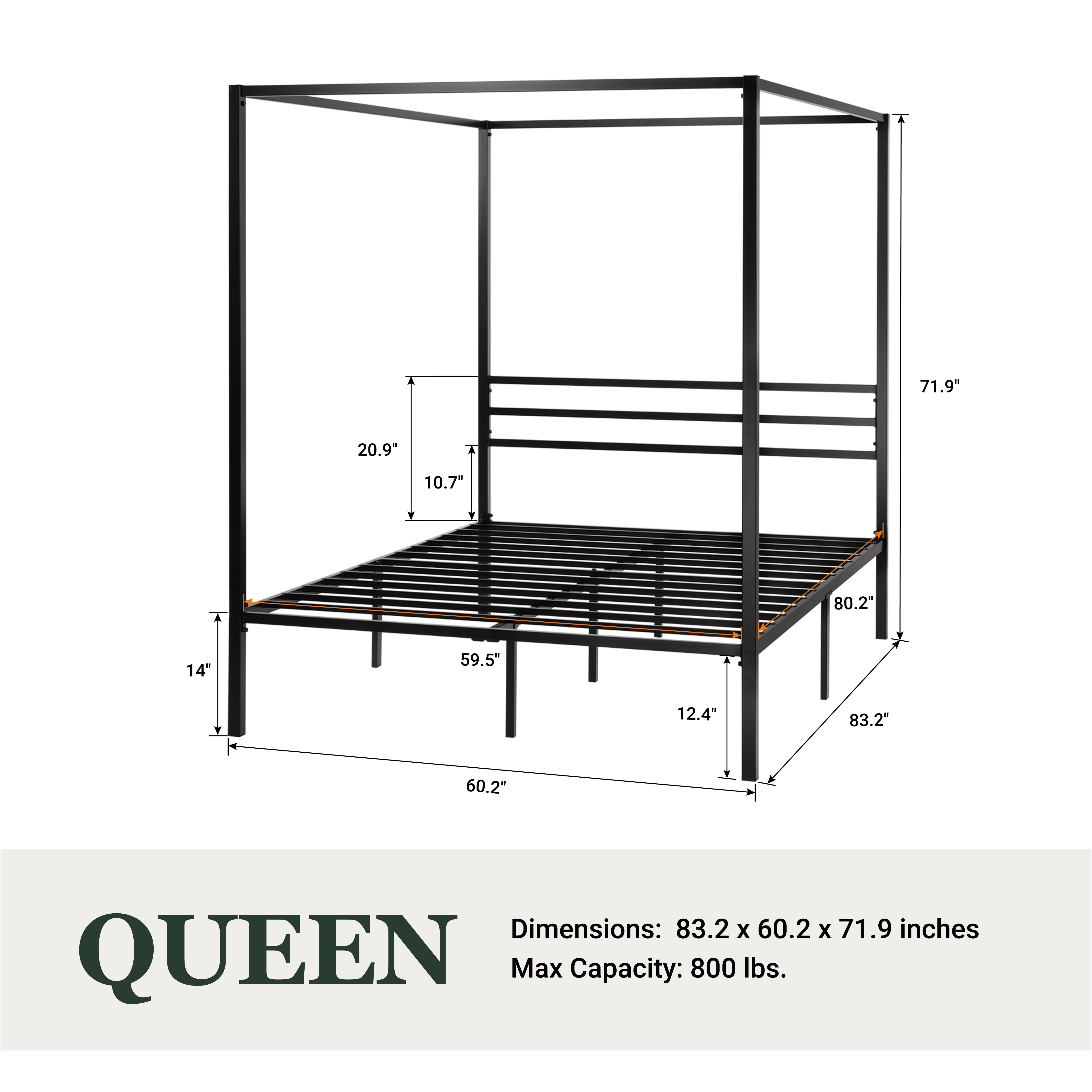 Amolife Queen Bed Frame, Canopy Bed with Metal Headboard, No Box Spring Needed, Black