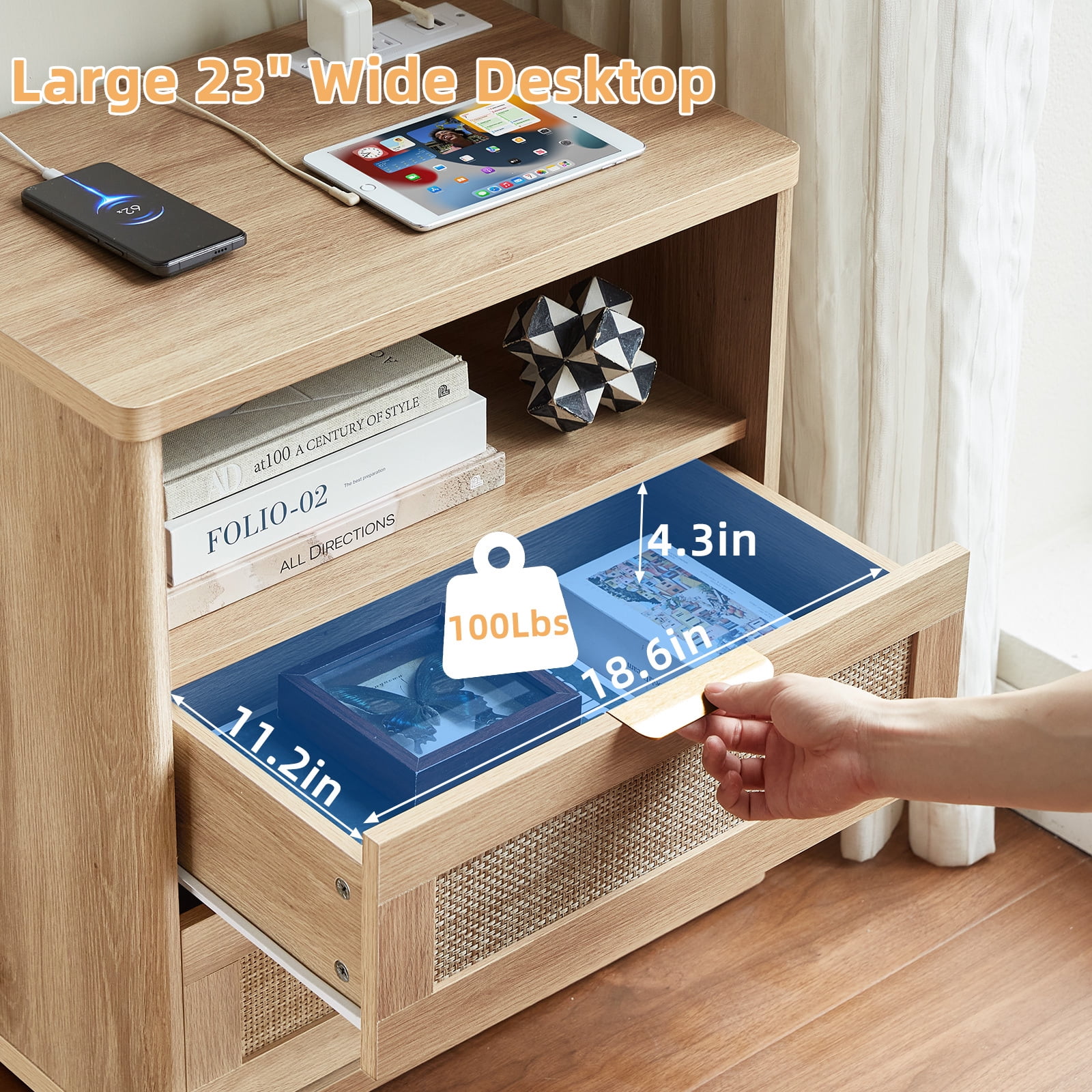Rattan Nightstand Set of 2, Farmhouse Bedside Tables Night Stands with 2 Drawer and a Storage Shelf, Boho Side Tables for Living Room,Bedroom, Natural Wood