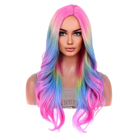 BERON Rainbow Ombre Long Wavy Wig for Women Colorful Ombre Curly Heat Resistant Synthetic Hair Wigs for Daily Costume Party with Wig Cap