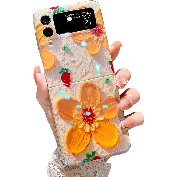 Flower Case Compatible with Samsung Galaxy Z Flip 4 Hard PC Shockproof Protective Cute Case for Women Girls-Orange