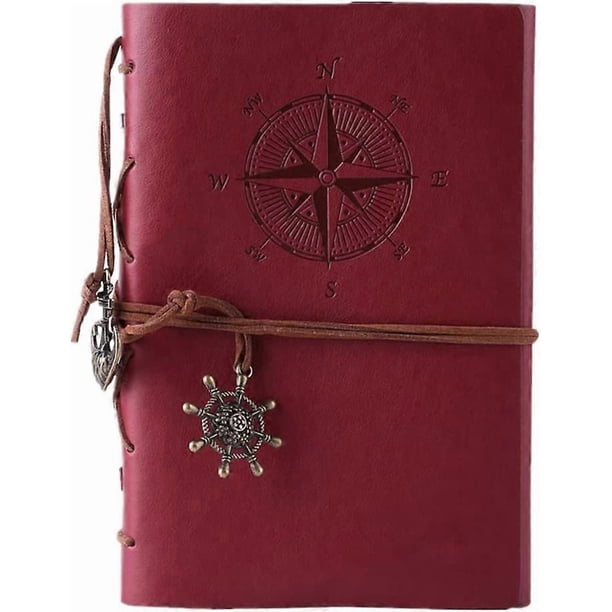 Leather Journal Refillable, Premium Spiral Notebook Classic Binder Vintage Embossed Travelers Journal with Blank Paper and Retro Pendants (Red)