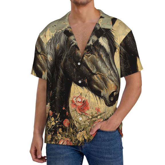 Mens Hawaiian Shirt Beach Tops Short Sleeve Vacation Clothes , Funny Horse Floral Vintage
