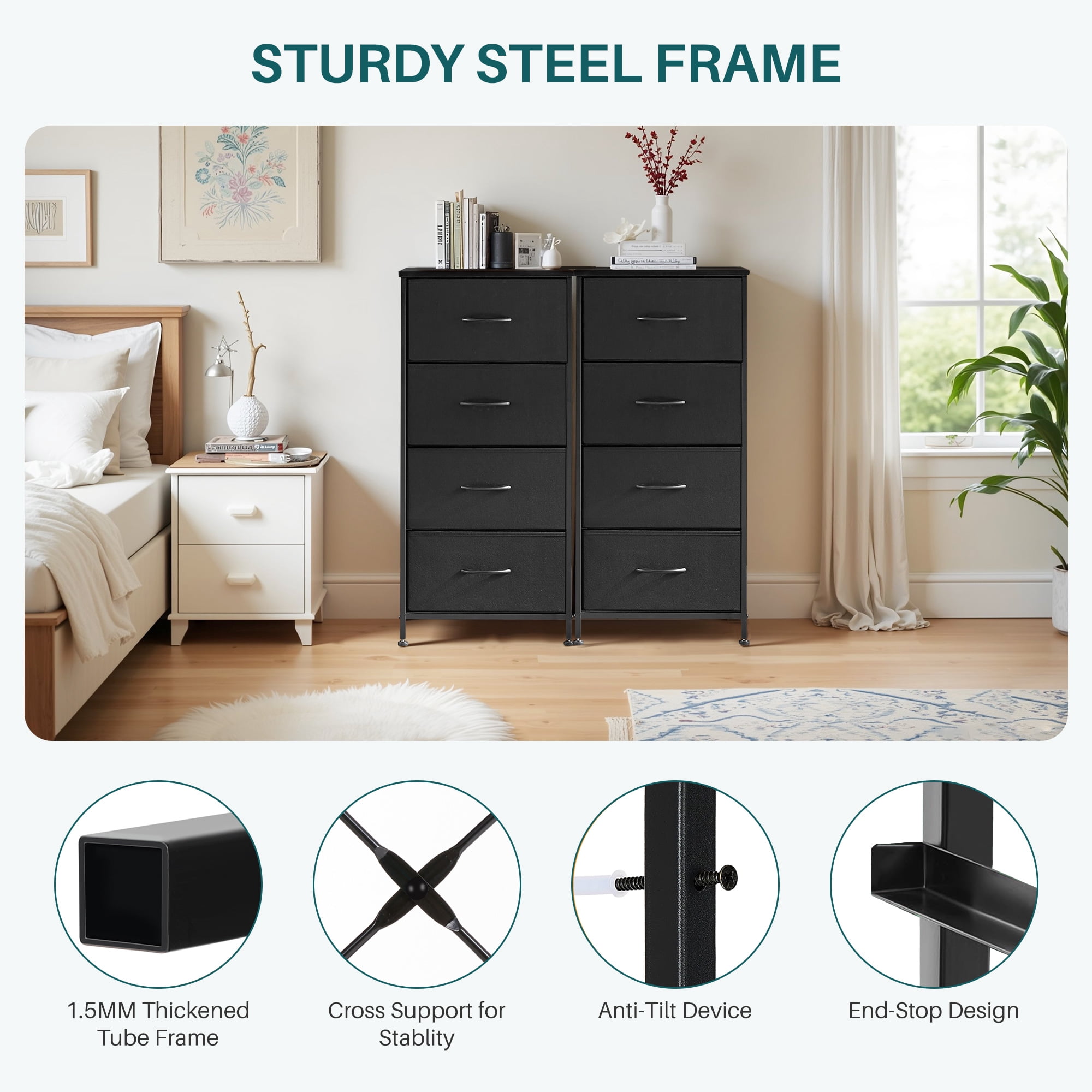 Nextay 4-Drawer Fabric Storage Dresser, End Table with Steel Frame & Wooden Top, Organizer Unit for Living Room, Entryway, Black