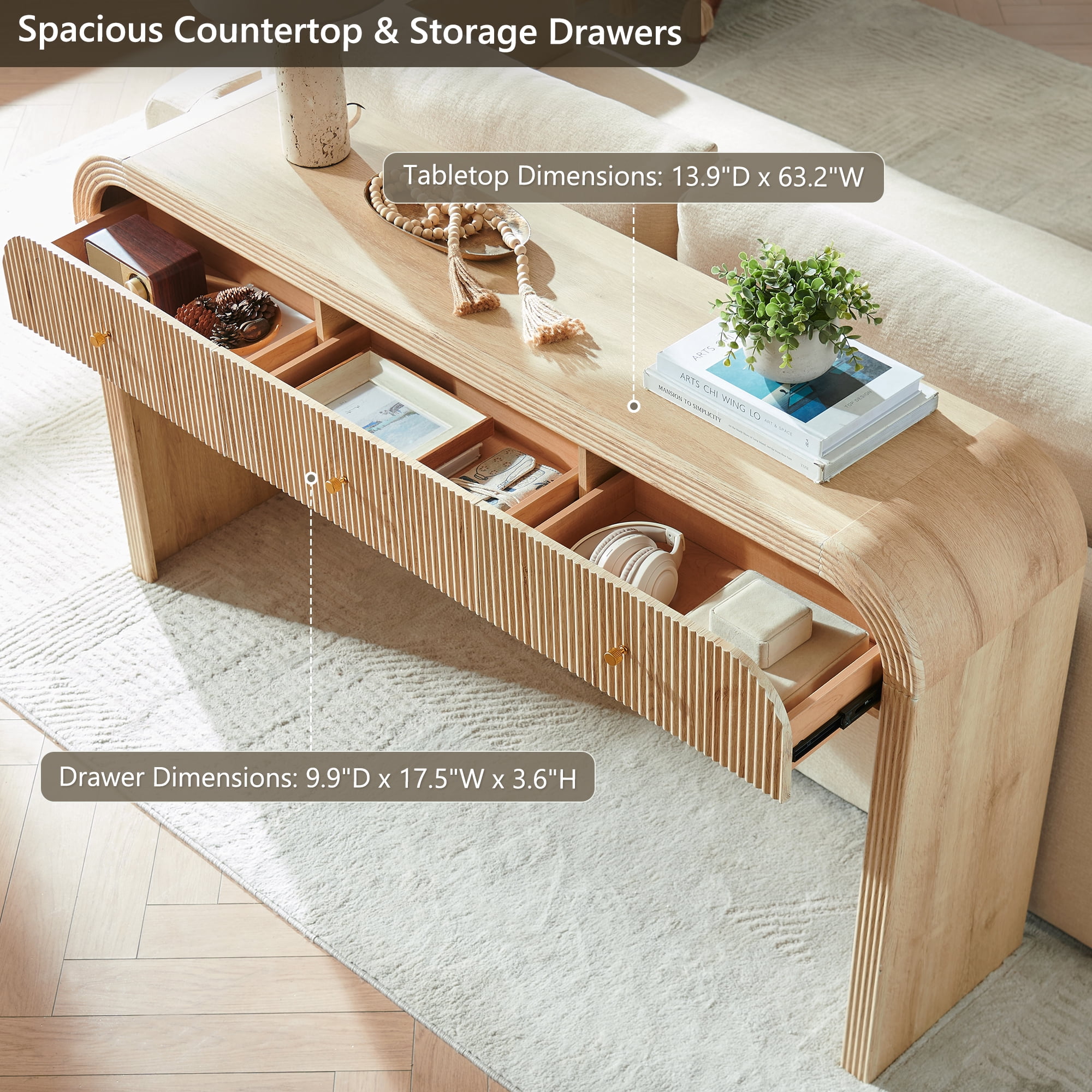 KeyWhat 63" Modern Fluted Console Table with 3 Drawers, Curved Edges & Anti-Tip Safety Kit