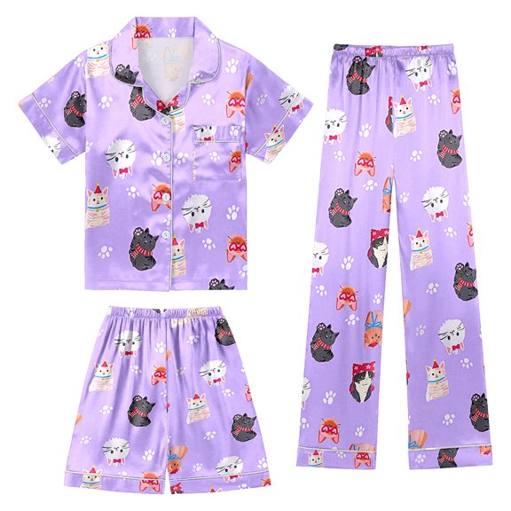 JIAYUE Girls Outfit Sets Lapel Short Sleeve Children's Shorts Casual Elastic Waist Pants Animal Print Pocket Buttons 3 Piece Spring Summer Kids Cute Clothes Sets