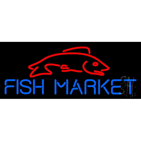 Fish Market With Red Fish LED Neon Sign 10" Tall x 24" Wide - inches Black Square Cut Acrylic Backing, with Dimmer - Premium built indoor Sign for Club, Home décor, Event, Workshop, Storefront.
