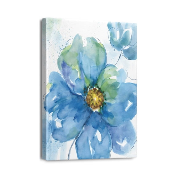 Bathroom Décor Inspiration Navy Blue Floral Canvas Artwork – Intricate Flower Painting on Vintage Gray Background for Bedroom Walls, 12x16 inches