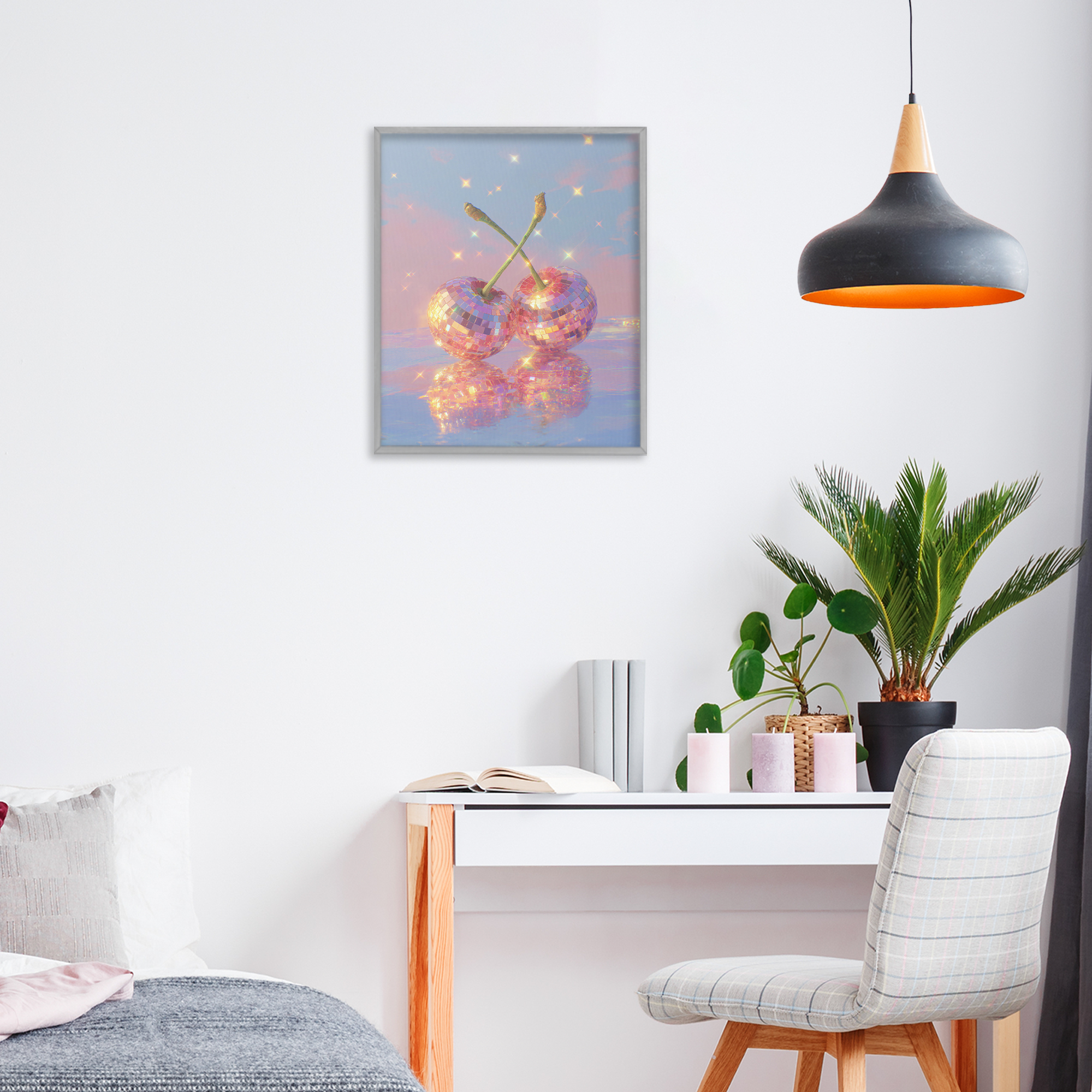 Disco Cherry Reflection Gray Framed Giclee Art, design by Ziwei Li