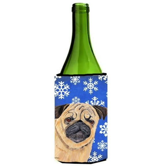Pug Winter Snowflakes Holiday Wine bottle sleeve Hugger - 24 oz.