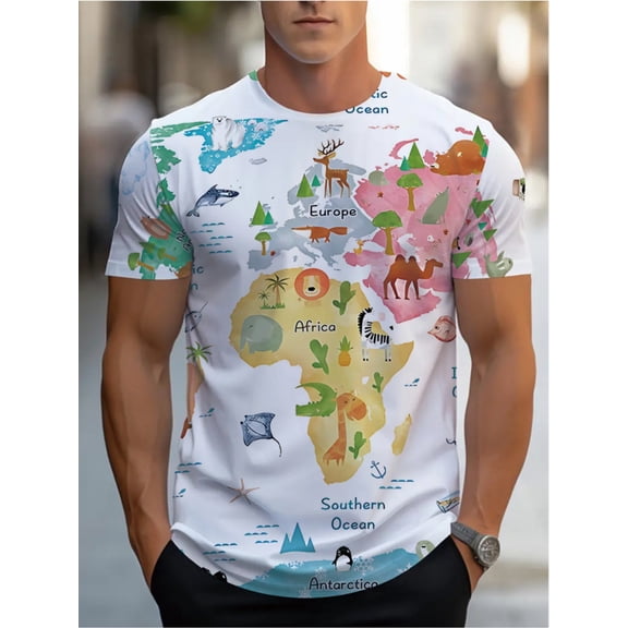 Men's Vintage World Map and Animal Print T-Shirt - Stylish Travel Theme Design with Vivid Geometric Patterns, Regular Version, Crew Neck,