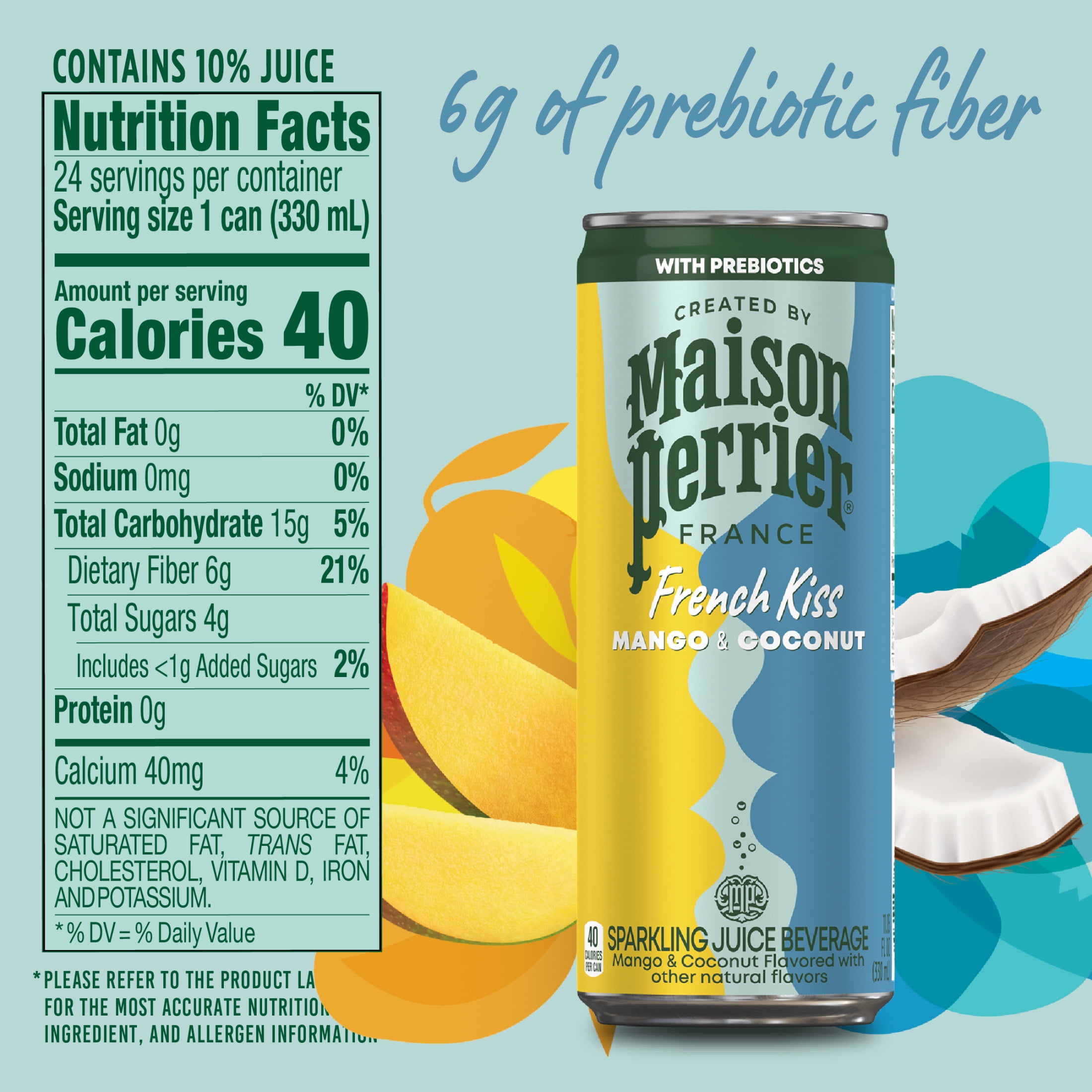 Maison Perrier French Kiss Sweetened Sparkling Water, Mango & Coconut Flavors with Real Fruit Juices, 24PK
