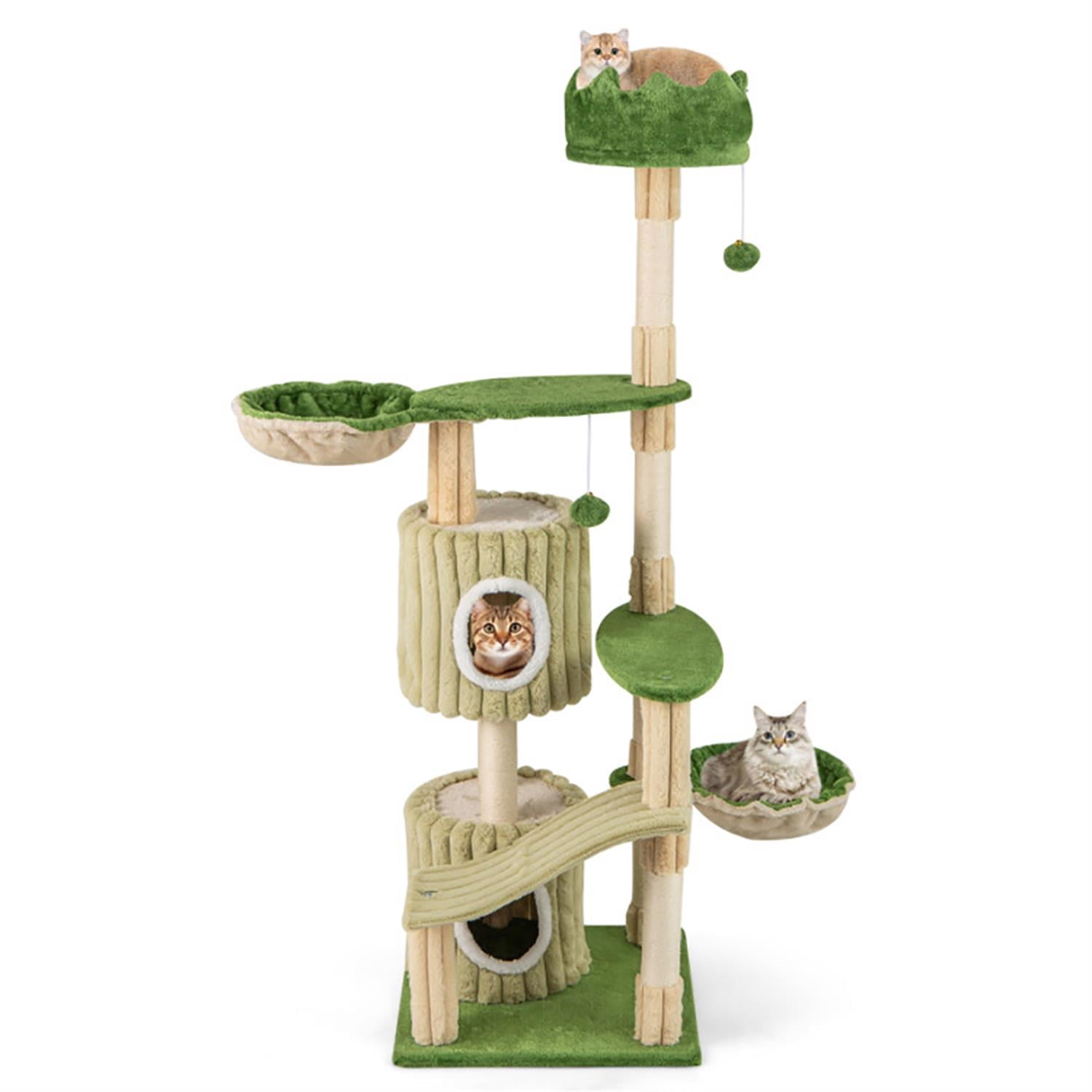 resenkos 63" Cat Tree with Toy, Cat Tower Condo for Indoor Cats with 2 Condos, Cozy Hammock and Sisal Scratching Posts, Green