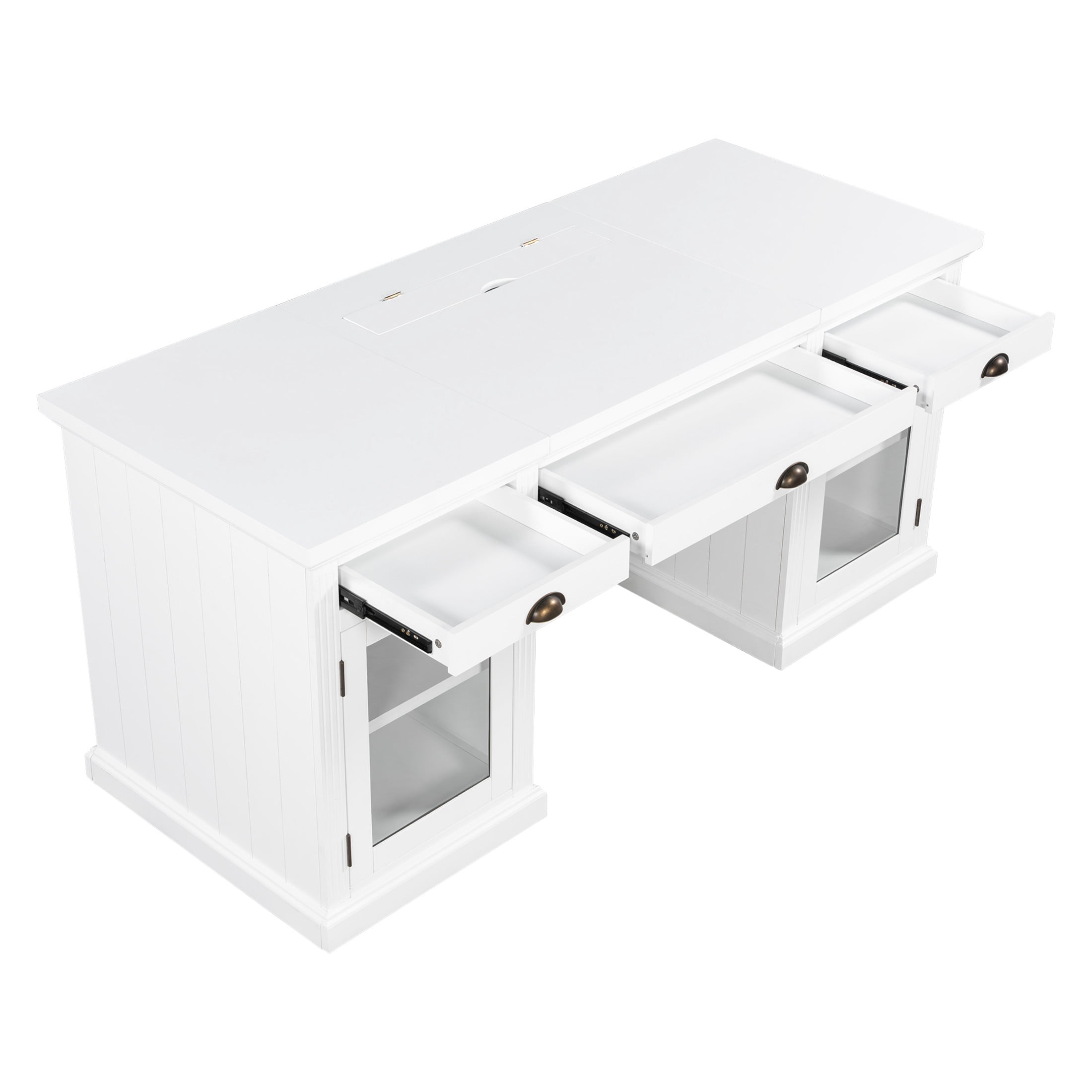 GDF Studio Morad 67" Modern Executive Desk with Glass Door Cabinets, Storage Drawers & Power Outlets, White