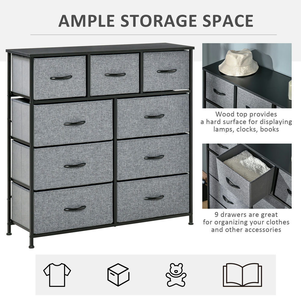 Demi Bonn Dresser for Bedroom with 9 Drawers, Chest Dresser Organizer with Steel Frame, Wood Top, Storage Drawer Unit with Fabric Bins for Closet, Hallway, Gray