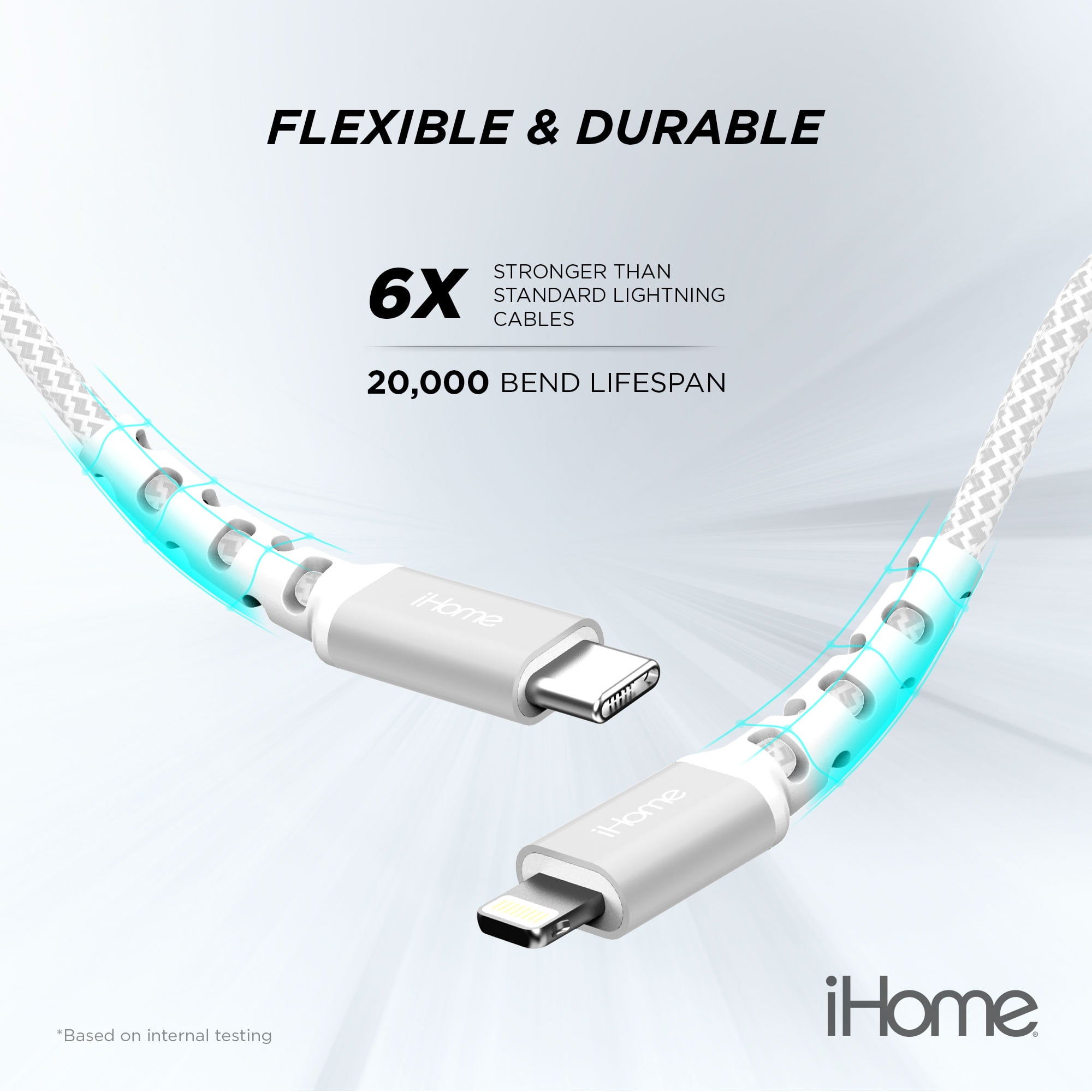 iHome Nylon Braided Lightning to USB-C Cable, White, 6'