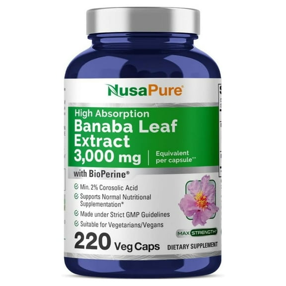 NusaPure Banaba Leaf Extract 3000 mg – 220 Veg Caps, 220 Days Supply (Non-GMO & Vegan) 2% Corosolic Acid