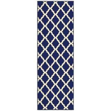 Ottomanson Non-Slip Rubberback Moroccan Trellis 2x5 Runner Rug For Bedroom, 20" x 59", Navy