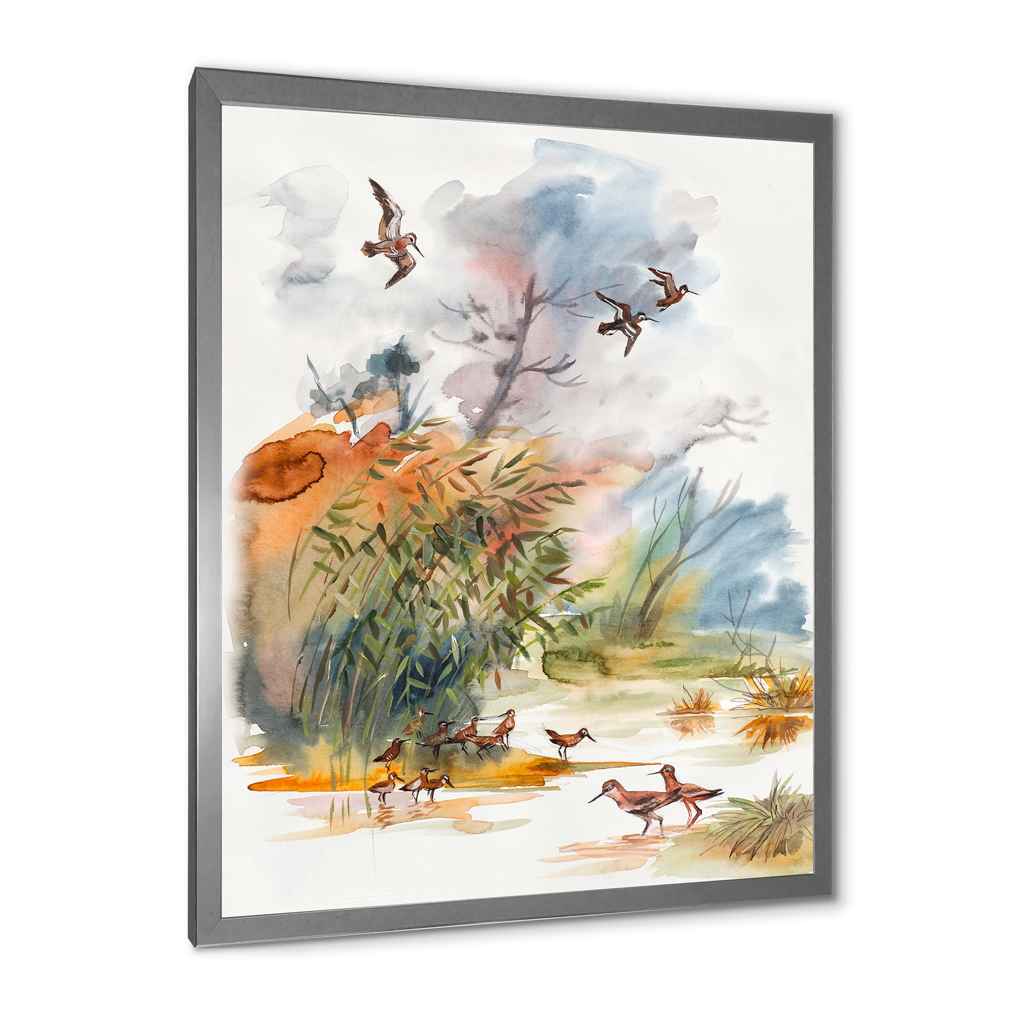 Designart 'Flying Over The Water With Autumn Landscape' Traditional Framed Art Print