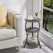 ZEXVIDA Round Side Table with Charging Station, 3-Tier Circular End Table and Compact Sofa Side Table, Gray