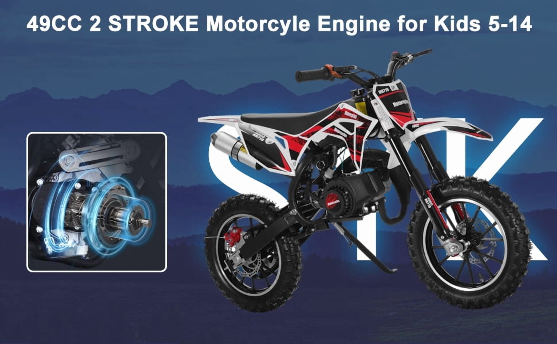 Korogimeeet Black 49cc 2-Stroke Gas Mini Dirt Bike, Upgraded Rear Fork Spacer Reduces Chain Drop, Disc Brakes, 10 Inch Tires, 40KM/H, 150kg Load, 47 x 28 Inch