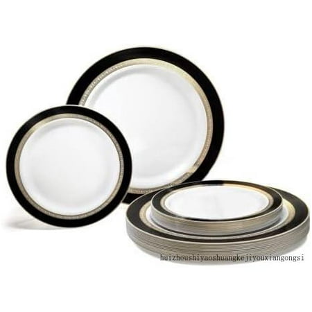 

OCCASIONS 240 Plates Pack (120 Guests) Heavyweight Premium Disposable Plastic Plates Set -120 X 10.5 Dinner 120 X 7.5 Salad/Dessert (Ritz Black And Gold)