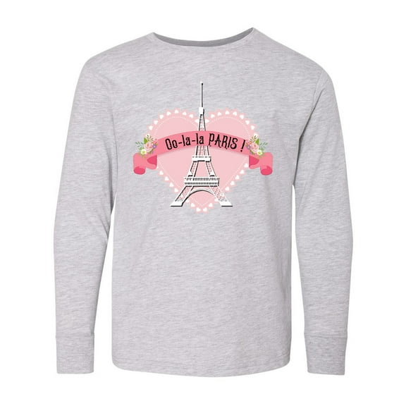 Inktastic Paris Oo-la-la with Eiffel Tower and Flowers in Pink Heart Long Sleeve Youth T-Shirt