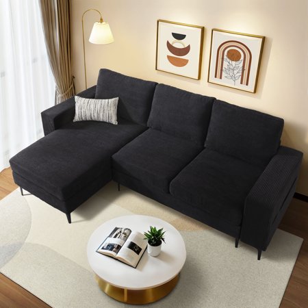 Ovios 97" Corduroy Sectional Sofa with L-shaped Chaise Modern Minimalist Upholstered 3-Seater Couch for Living Room, Black