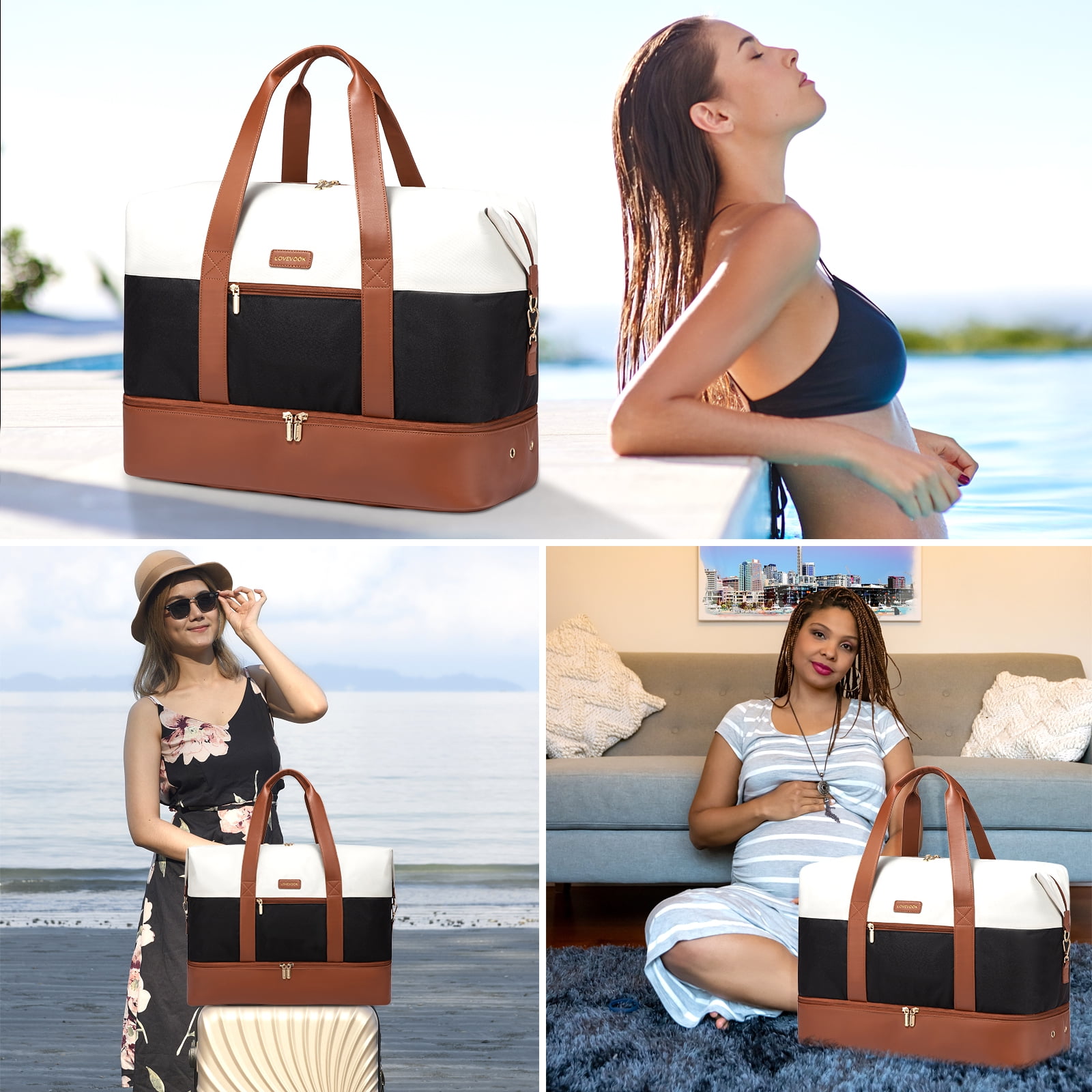 Lovevook Travel Duffel Bag for Women, Large Weekender Overnight Bag, Carry-on Gym Bag with Separate Shoes Compartment, Mom Hospital Bags for Labor and Delivery with 2 Packing Cubes
