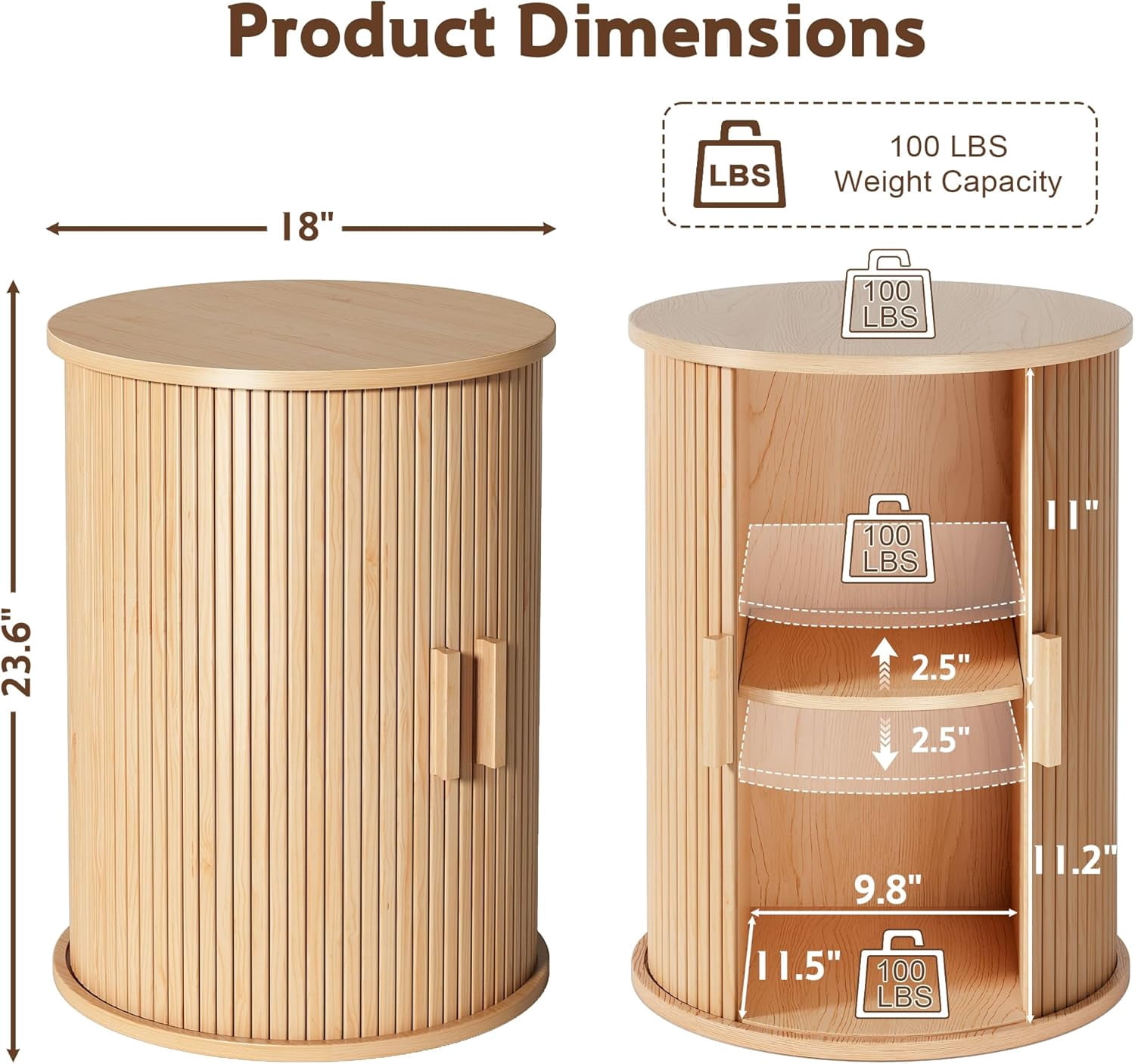 Round Fluted End Table Set of 2, NEORIVER Tall Side Table with Sliding Tambour Door and Adjustable Storage Shelf, Modern Bedside Table, Nightstand for Living Room, Bedroom