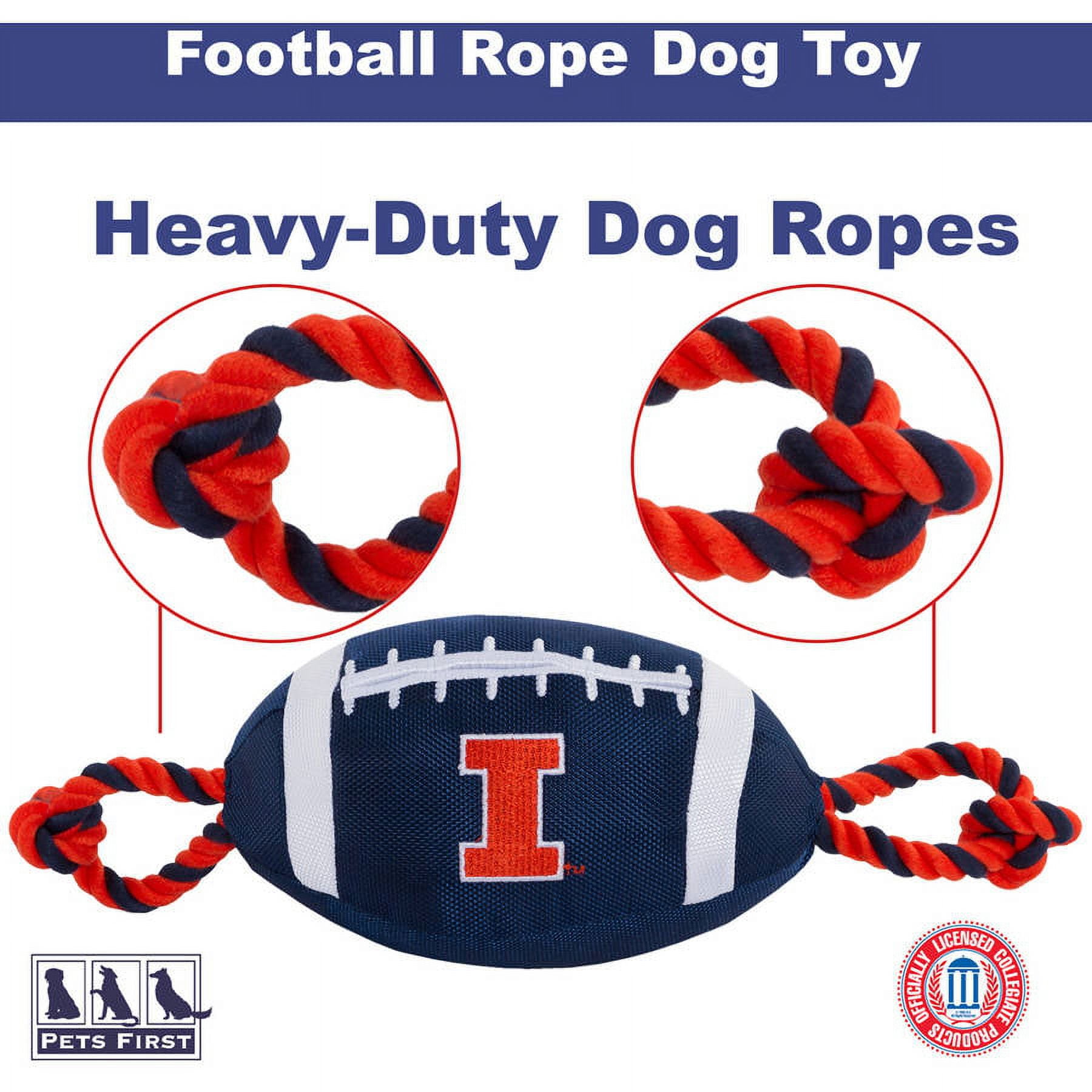Pets First NCAA Illinois Fighting Illini Strong, Durable, Chewable Football Dog Toy with Inner Squeaker and Side Ropes, Officialy Licensed